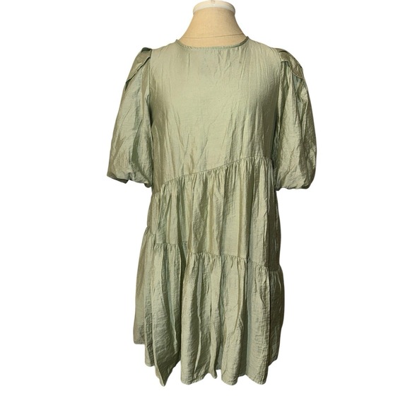 Moon River  Bubble Sleeve Tiered Mini Dress in Sage Green Spring Summer Size S - Picture 1 of 6